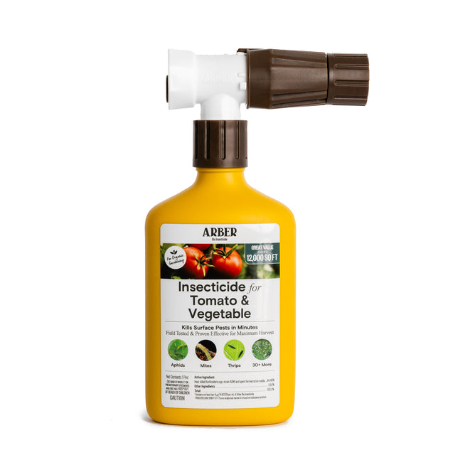 Yellow Arber Organic Insecticide for Tomato Fruit & Vegetables RTS, with a brown spray nozzle. The label shows tomatoes and vegetables, emphasizing its pest control power. Ideal for outdoor use, its safe for vegetable gardens and eliminates surface pests effectively.