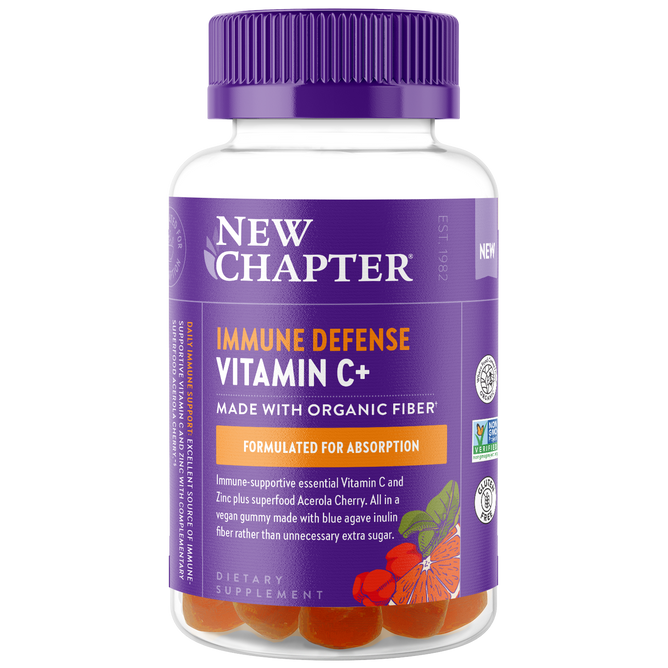 The Immune Defense Vitamin C+ Gummy from New Chapter features a purple cap and vibrant orange gummies with organic Blue Agave fiber, crafted to enhance absorption. The label displays cherries and oranges, all designed to support immune defense.
