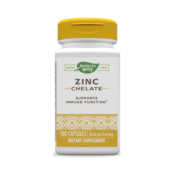 Natures Way Zinc Chelate - Supports Immune Function is a dietary supplement featuring 100 capsules. The bottle, with a white base and yellow accents in geometric patterns, highlights Immune Support and 30 mg per Serving on the label.