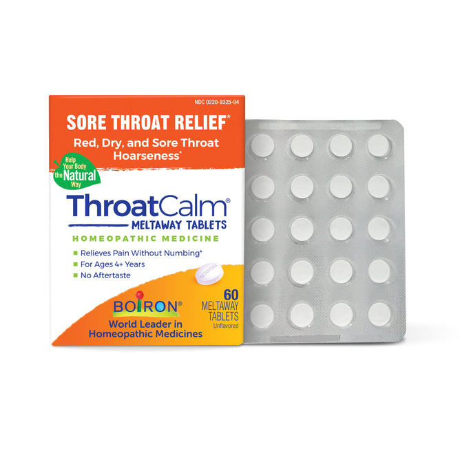 A box of Boirons ThroatCalm Meltaway Tablets for sore throat relief alongside a blister pack highlights benefits like hoarseness treatment and no aftertaste. Suitable for ages 4+, the package contains 60 homeopathic tablets.