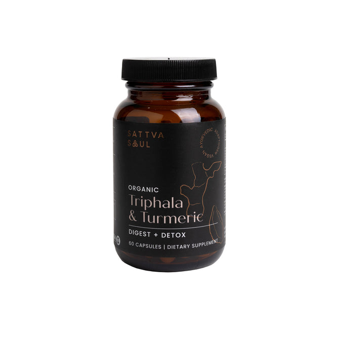 A brown bottle labeled Sattva Soul Organic Triphala & Turmeric - For Digest and Detox. Contains 60 capsules as a dietary supplement with minimalist text and graphics on a clean white label.