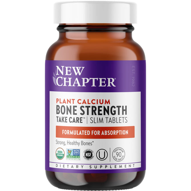 A brown bottle with a purple label reads Bone Strength Take Care™, Organic Plant Calcium for Strong Healthy Bones. This New Chapter supplement features USDA Organic plant calcium from red marine algae, is non-GMO, NSF Certified, gluten-free, and contains 90 tablets.