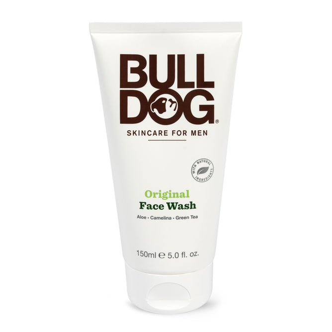 A 150ml white tube of Bulldog Face Wash for Men, highlighted by bold brown text and a dog logo. This cruelty-free wash is enriched with aloe, camelina, and green tea.