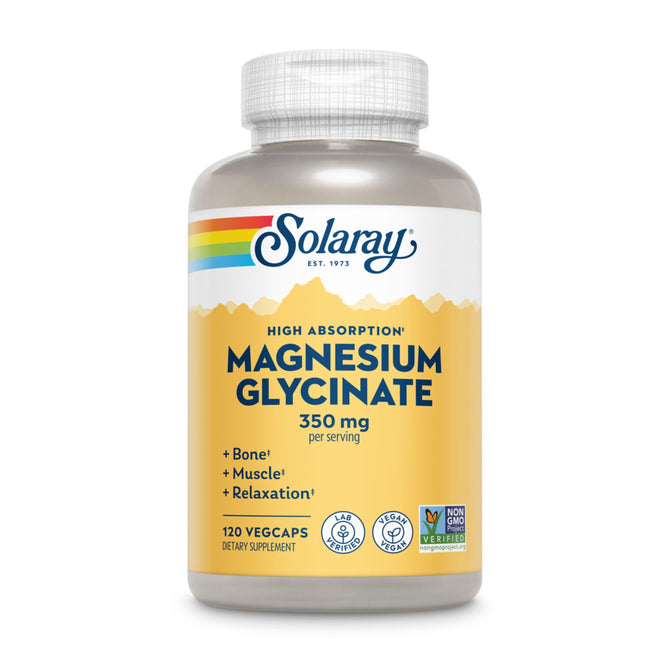 Solarays High Absorption Magnesium Glycinate Veg Capsule provides 350 mg per serving in 120 non-GMO, vegan capsules, promoting bone health, muscle support, and relaxation.