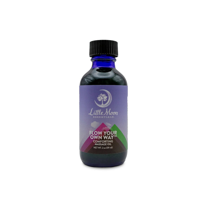 A 2 fl oz blue bottle of Little Moon Essentials Flow Your Own Way massage oil, enriched with essential oils, featuring a gradient blue to purple label with a floral logo, ideal for harmonizing your moon cycle moments.