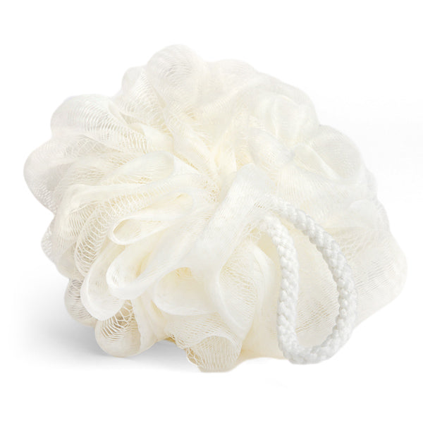 The Grove Co. Recycled Plastic Loofah is a white bath accessory made from recycled materials, featuring a textured mesh design and an attached loop for easy hanging.