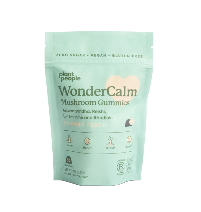A mint green resealable pouch from Plant People contains WonderCalm - Super Mushroom Gummies in summer peach flavor with Ashwagandha and Reishi for stress relief. Its labeled zero sugar, vegan, gluten-free, and includes 60 gummies weighing 1.06 oz (30g).