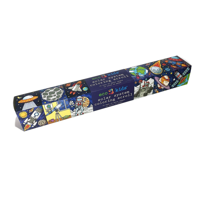 The eco-kids Coloring Scroll comes in a long, dark blue rectangular box with vibrant outer space-themed illustrations of astronauts, planets, rockets, and stars. The packaging features perforated rolls and displays the text eco-kids solar system coloring scroll.