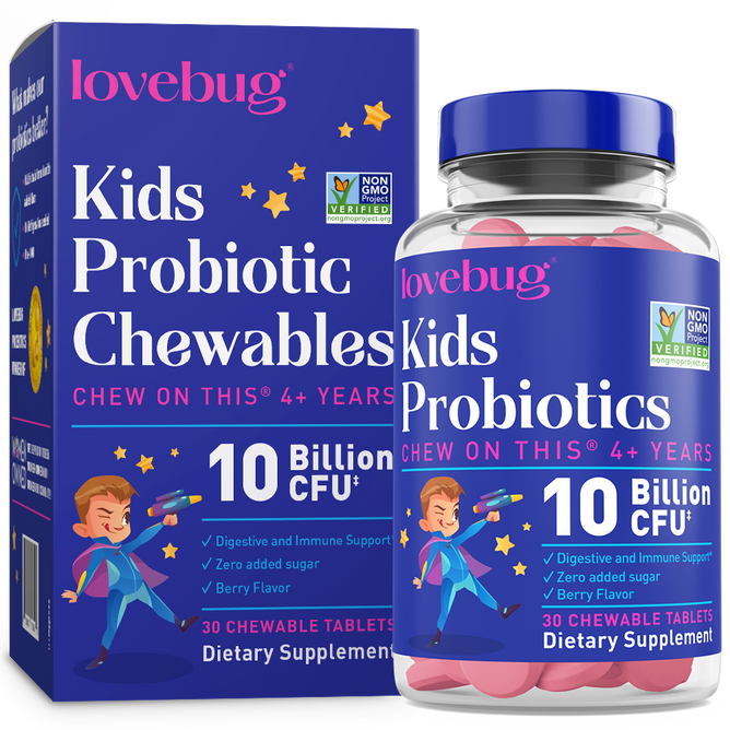 The product image shows a box and bottle of Lovebugs Kids Probiotic Chewable - Chew on This, featuring dark blue packaging with a playful kid holding a megaphone. It emphasizes 10 Billion CFU, chewable probiotic tablets, and zero added sugar for improved digestive and immune support.