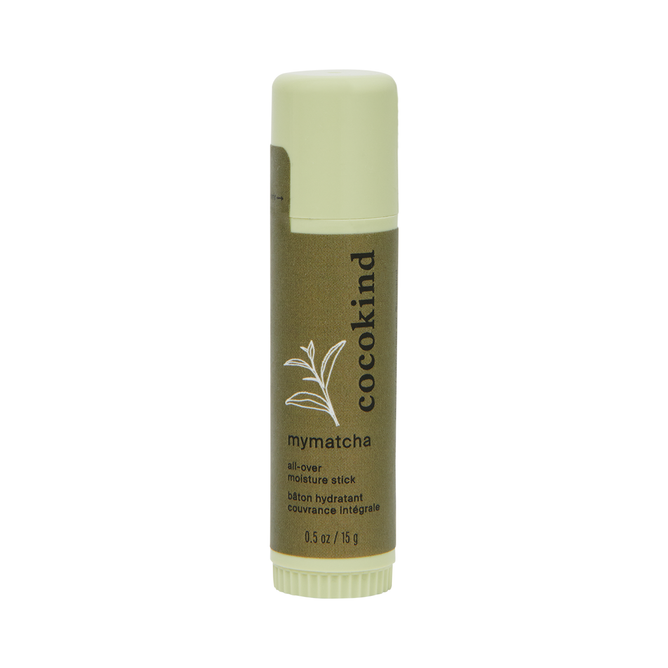 The MyMatcha All-Over Moisture Stick from Cocokind, in an olive-green cylindrical tube with a plant design and black text, offers 0.5 oz (15 g) to effectively hydrate dry lips and address dark circles.