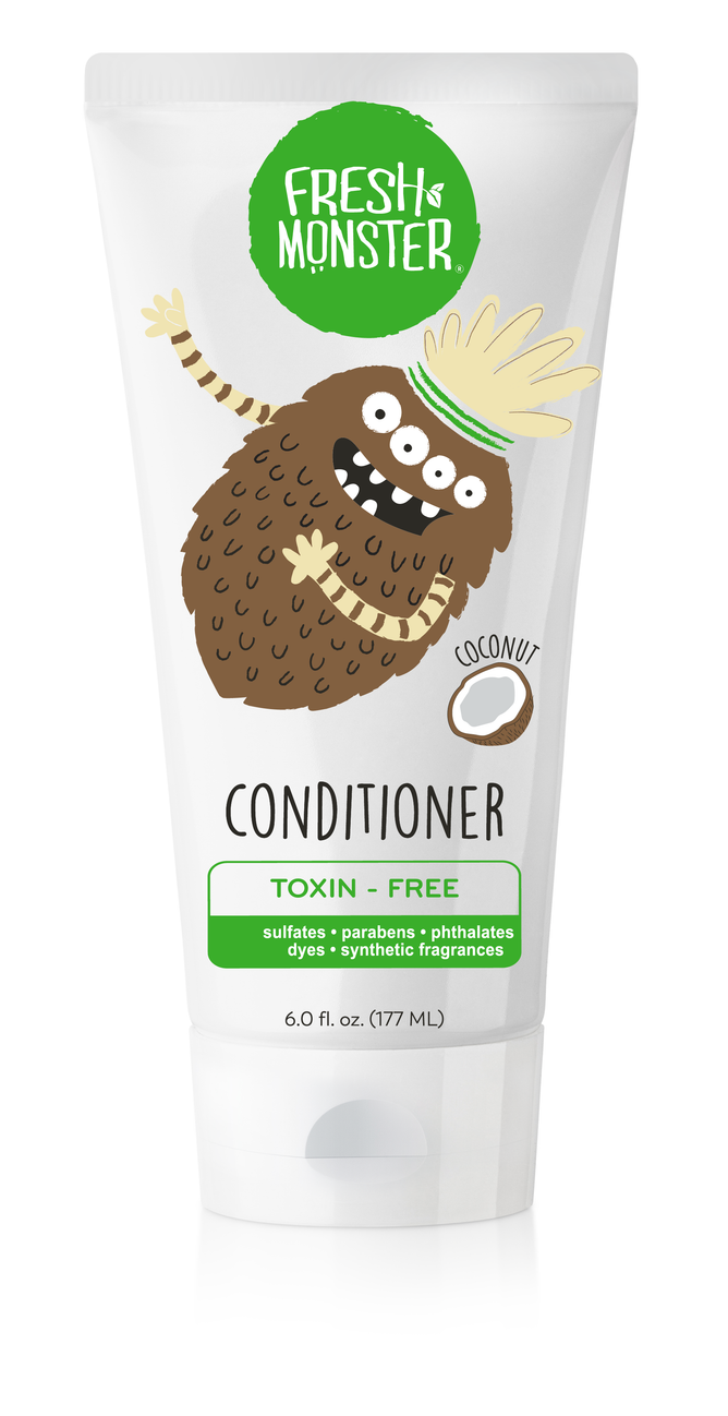 The Fresh Monster Kids Hair Conditioner in a 6.0 fl. oz. white bottle features a playful monster with coconuts, emphasizing its nontoxic formula free from sulfates, parabens, and dyes.