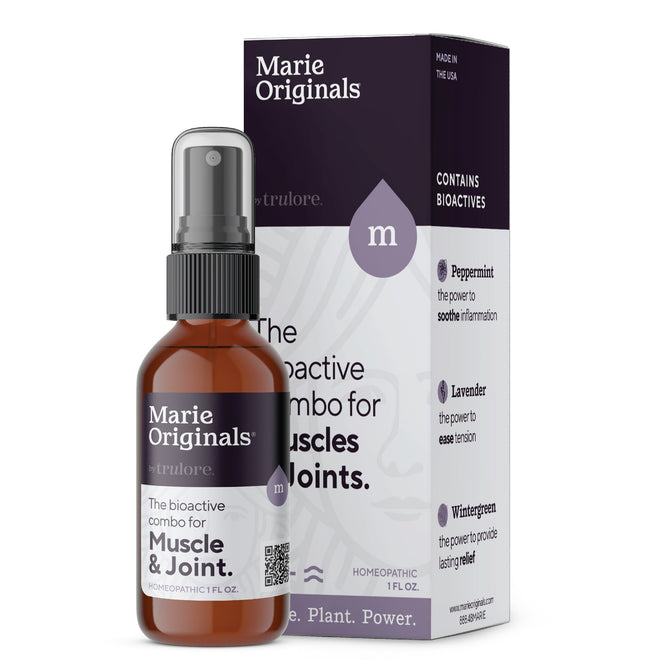 A brown spray bottle called Muscle & Joints Relief Spray by Marie Originals is displayed in front of its packaging box. Made in the USA, it uses a natural formula with peppermint, lavender, and wintergreen to soothe sore muscles.