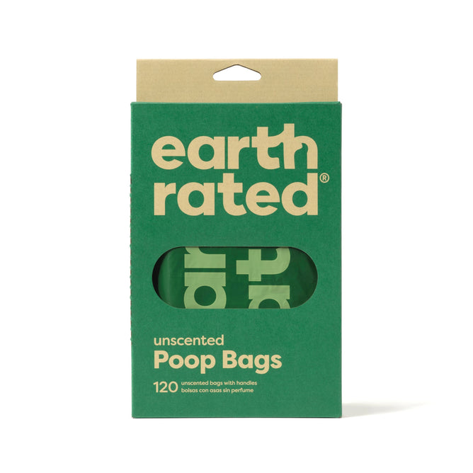 An Earth Rated Pet Waste Bags with Handles box, made from recycled plastic, contains 120 unscented green and beige bags with easy-tie handles. The boxs cut-out display shows the 100% leak-proof rolls inside.
