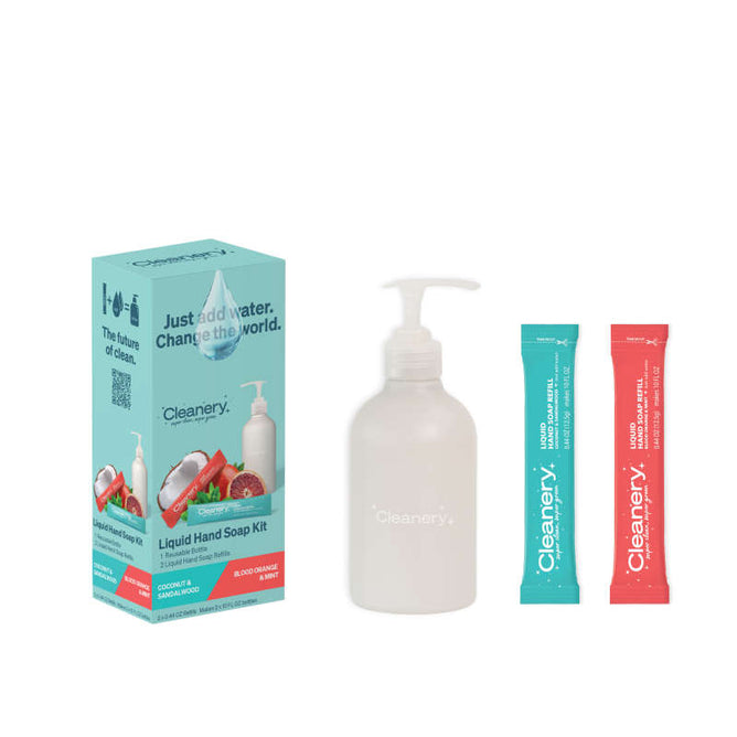 The Cleanery Liquid Hand Soap Starter Kit includes a white bottle with a dispenser and a refill box, ideal for sensitive skin.