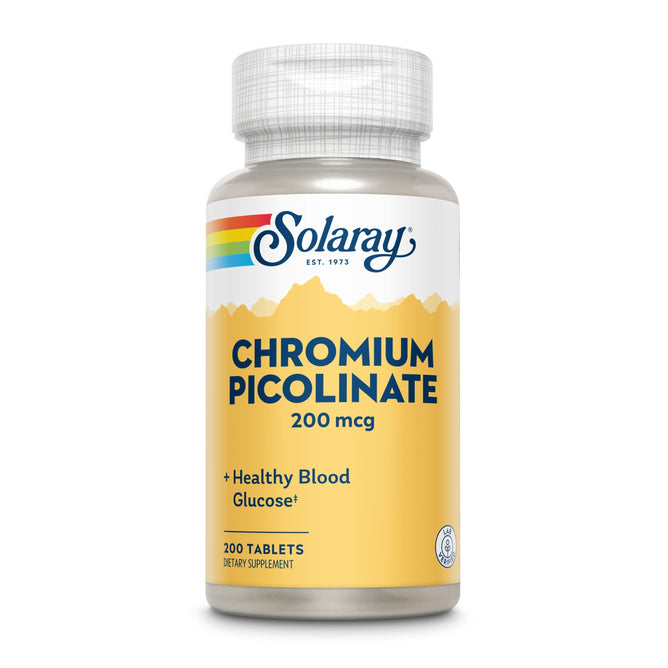 Solarays Chromium Picolinate, 200 mcg, is a dietary supplement with a yellow label promoting healthy blood glucose metabolism. Ideal for weight management programs, it includes 200 tablets and features a rainbow stripe and the Solaray logo.