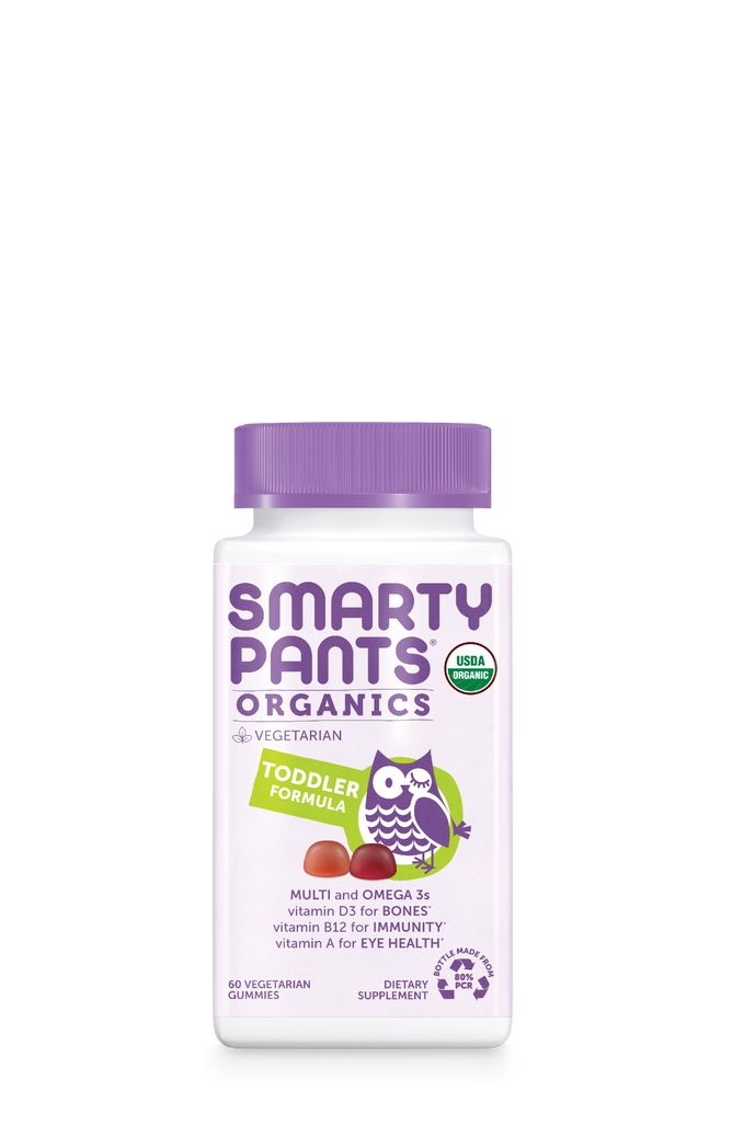 A 60-count purple bottle of SmartyPants Organic Toddler Formula, featuring an owl illustration, highlights toddler vitamins D3, B12, and A for bone strength, immunity, and eye health. It is vegetarian and carries the USDA Organic logo.