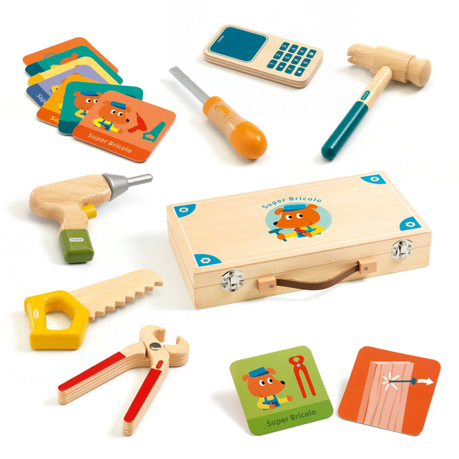 The DJECO Kids Role Play Educational Tool Kit is a 100% FSC® certified wooden DIY toolbox for children, including a play hammer, screwdriver, wrench, drill, saw, phone, colorful instruction cards, and Super Bricolo storage case to inspire imaginative role-play and fun.
