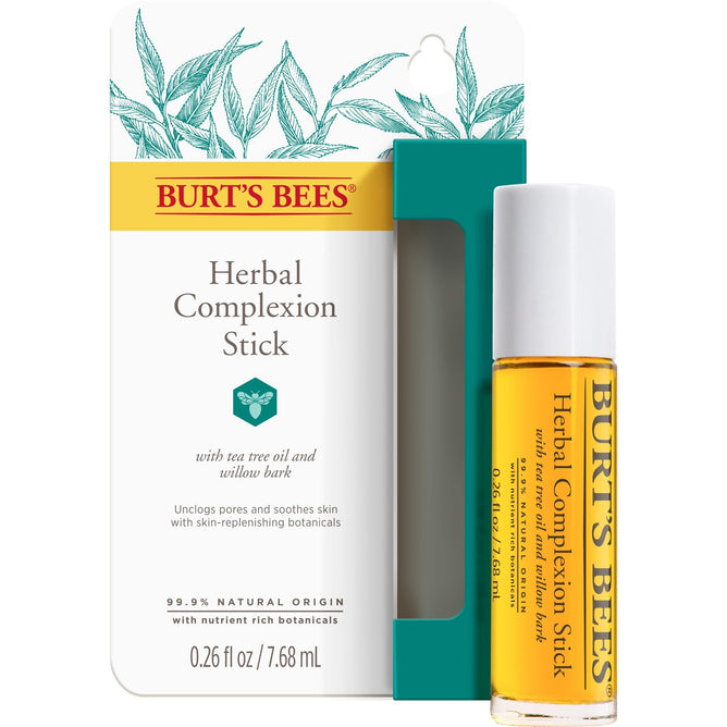 Image of a Burts Bees Herbal Complexion Stick, ideal for acne treatment. The roll-on tube contains a yellow-tinted liquid, with packaging that displays green botanical illustrations and highlights herbal ingredients such as tea tree oil and willow bark.