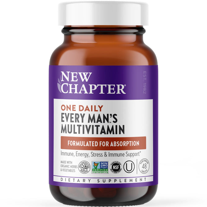 A brown bottle of New Chapters Every Man™s One Daily Multivitamin showcases a purple label highlighting Formulated for Absorption alongside support for immune, energy, stress, and heart, made with organic ingredients and featuring non-GMO and gluten-free certifications.