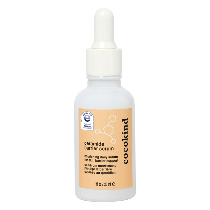 Cocokinds 1 fl oz Ceramide Barrier Serum features a dropper and molecular graphic, emphasizing its nourishing lipids for skin barrier support. The EWG Verified logo assures quality and safety.