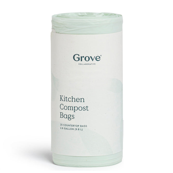 Grove Co. Compostable Food Scrap Bags, a cylindrical roll ideal for countertops, comes in light green and white packaging. It contains 25 durable 2.6-gallon capacity bags crafted with WasteZero for an eco-friendly solution.