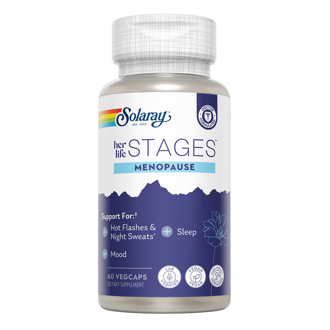 A white bottle with purple and blue accents contains 60 veggie capsules of Solarays her life Stages™ Menopause, a doctor-formulated supplement to support menopause symptoms like hot flashes, night sweats, sleep disturbances, and mood swings.