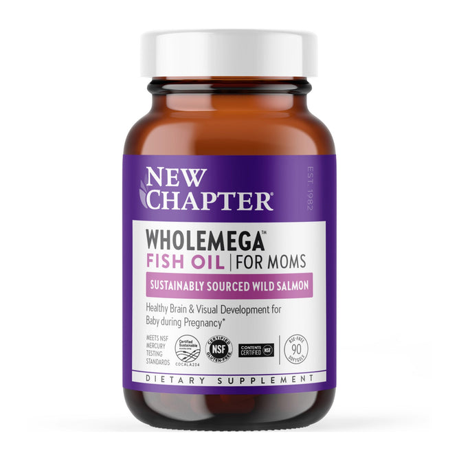 New Chapters Wholemega for Moms fish oil, sourced from wild salmon, offers a rich prenatal DHA and Omega blend. It supports brain and vision development during pregnancy, meets NSF standards, and contains 90 softgels.