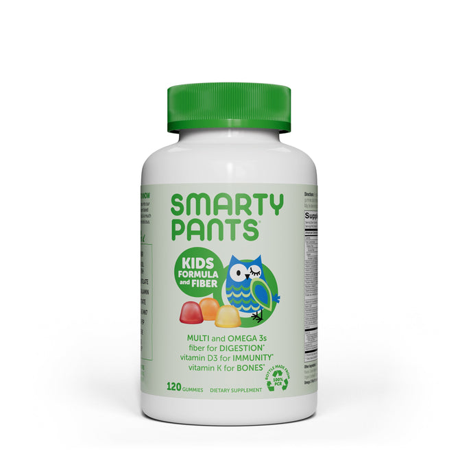 A white bottle with a green cap labeled SmartyPants Kids Complete + Fiber, featuring an owl graphic, highlights digestion, immunity, and bone support benefits with fiber multivitamins. Contains 120 gummies.