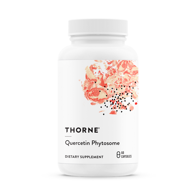 Thornes Quercetin Phytosome in a white bottle with orange and red floral graphics supports immune response. The label notes it as a Dietary Supplement containing 60 capsules enriched with antioxidant-rich quercetin.