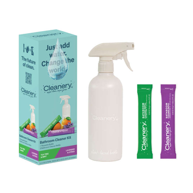 The Bathroom Starter Kit from Cleanery includes a white spray bottle and three sachets: Kanuka & Mint, purple fragrance, all encased in a teal box stating The future of clean and Just add water. Change the world. Transform your space with these innovative refills.