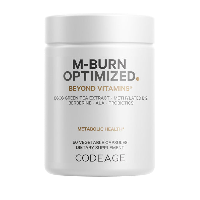 M-Burn Optimized by Codeage is a dietary supplement in a white container with probiotics, ECCG, and decaffeinated green tea extract that supports metabolic health. The label highlights these benefits and includes 60 vegetable capsules.