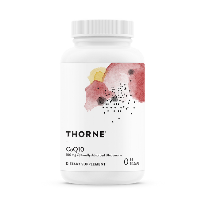 A white Thorne bottle labeled CoQ10 with decorative watercolor art and black dots contains 60 gelcaps of 100 mg optimally absorbed ubiquinone for cellular energy and antioxidant support.