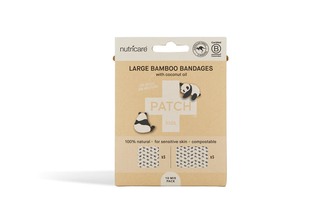 PATCH Coconut Oil Bamboo Bandages are large, hypoallergenic, and ideal for sensitive skin. With adorable panda designs, these 100% natural bandages are made from bamboo fiber and feature compostable packaging. Each pack contains 10 bandages in various square and rectangle shapes.