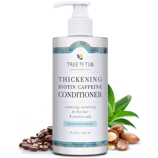 A bottle of Tree To Tubs Volumizing Caffeine & Biotin Conditioner for Fuller, Thicker Hair features a pump top. Highlighted are its benefits for thin hair and sensitive scalps, with coffee beans and nuts accenting its natural ingredients to enhance your hair care routine.