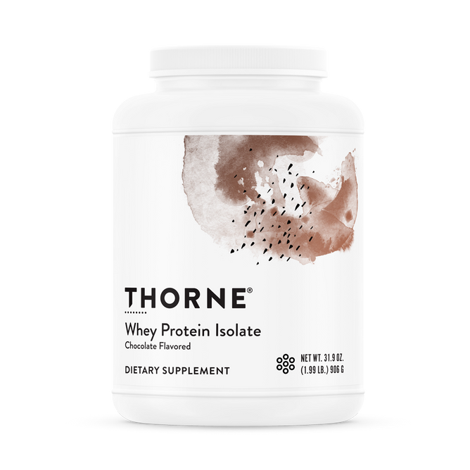 A white jar of Thornes Whey Protein Isolate, ideal for protein supplementation and muscle repair, offers chocolate flavor and features an abstract brown and gray design on the front label. This 31.9 oz (906 g) jar is a dietary supplement.