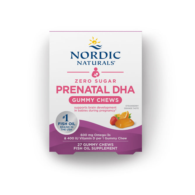 Nordic Naturals Prenatal DHA Gummy Chews offer a delicious strawberry orange flavor, with each chew containing 600 mg omega-3 fish oil and 400 IU vitamin D3. The white and pink box includes 27 gummies, making prenatal nutrition easy and enjoyable.