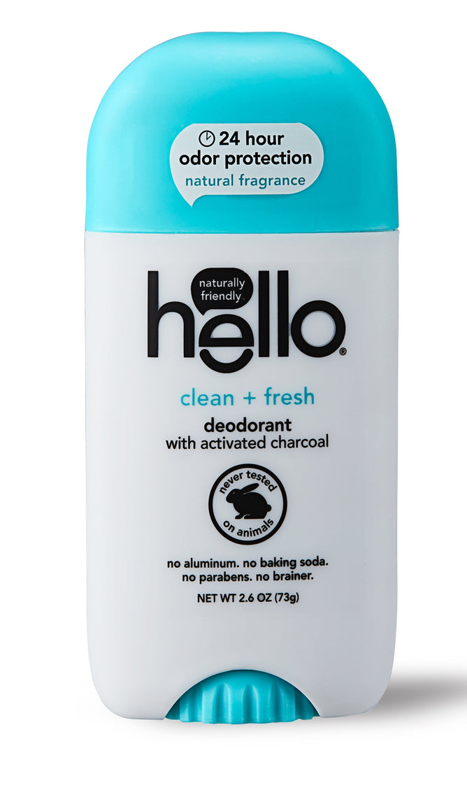 The hello Clean + Fresh Deodorant features activated charcoal and a turquoise cap, promises 24-hour odor protection, offers a natural fragrance, comes in recyclable packaging labeled naturally friendly, and is never tested on animals.