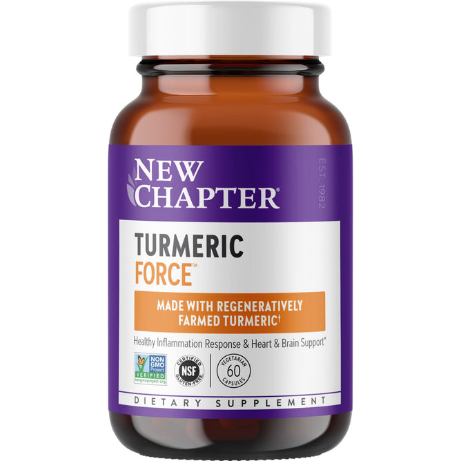 A bottle of New Chapter Turmeric Force™ and Healthy Inflammation Response dietary supplement, with a purple and white label, showcases its curcumin-rich benefits. It states Made with Regeneratively Farmed Turmeric and boasts non-GMO, vegan, NSF, and gluten-free certifications.