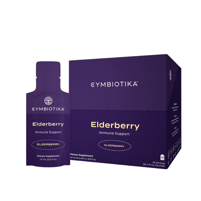 The Cymbiotika Liposomal Elderberry Immune Support comes in a purple package with Elderberry on a small bottle and box. It offers 30 servings of dietary supplements in 10 ml pouches, enhanced with Vitamin C to boost immune support.