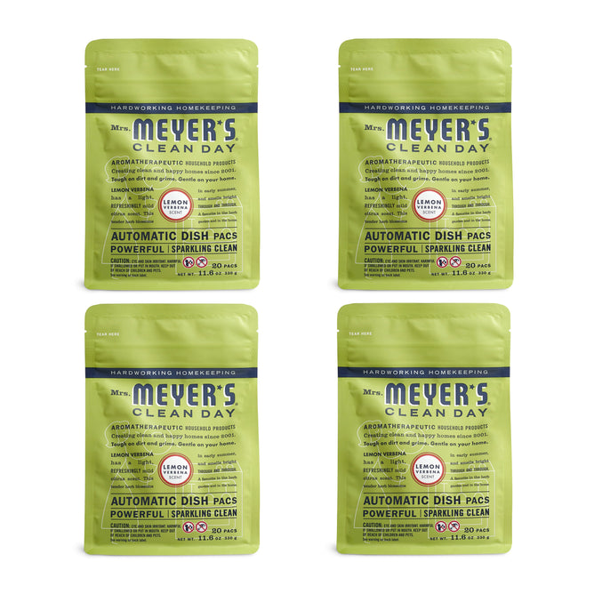 Four pouches of Mrs. Meyers Dishwasher Tabs, in green packaging featuring the Lemon Verbena scent, are arranged in a grid. The packs highlight aromatherapeutic and powerful cleaning properties with oxygen bleachs gentle power.