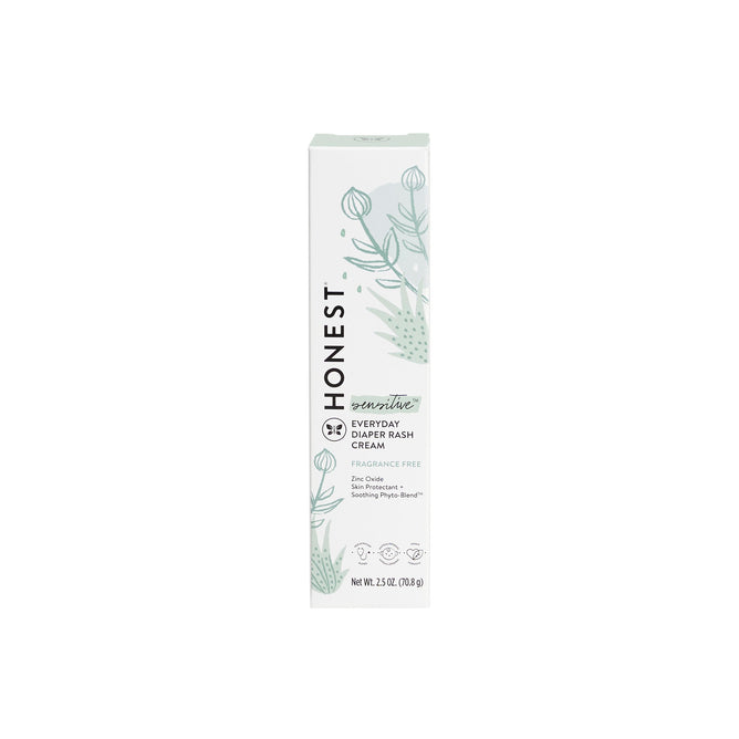 A white box of The Honest Companys Diaper Rash Cream with fragrance-free zinc oxide and a soothing Phyto-Blend™. Ideal for sensitive skin, it features mint green botanical illustrations to highlight its hypoallergenic nature. Net weight: 2.5 oz (70.8 g).