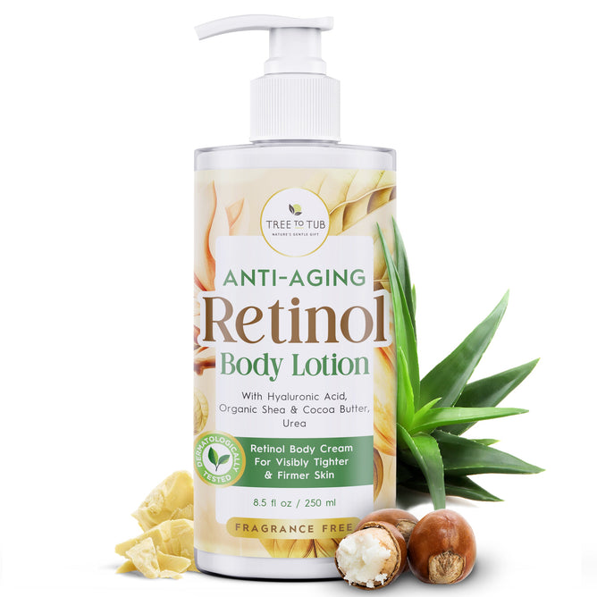 A bottle of Tree To Tub Anti Aging Retinol Body Lotion with Shea & Cocoa Butter rests among aloe leaves, nuts, and shea butter. Its label highlights hyaluronic acid and organic shea for visibly firmer skin, effectively targeting fine lines and deep wrinkles.