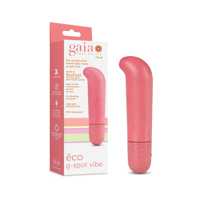 The pink Blush Gaia Eco G Spot Vibe, made with Biofeel™ technology, features 10 exciting functions. This eco-friendly, biodegradable, waterproof vibrator is body-safe and perfectly complements its matching packaging.