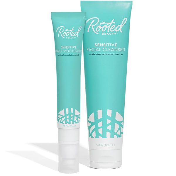 The Sensitive Skincare Set by Rooted Beauty includes two turquoise tubes: a smaller Sensitive Daily Moisturizer and a larger Sensitive Facial Cleanser, both ideal for sensitive skin with soothing aloe and chamomile.