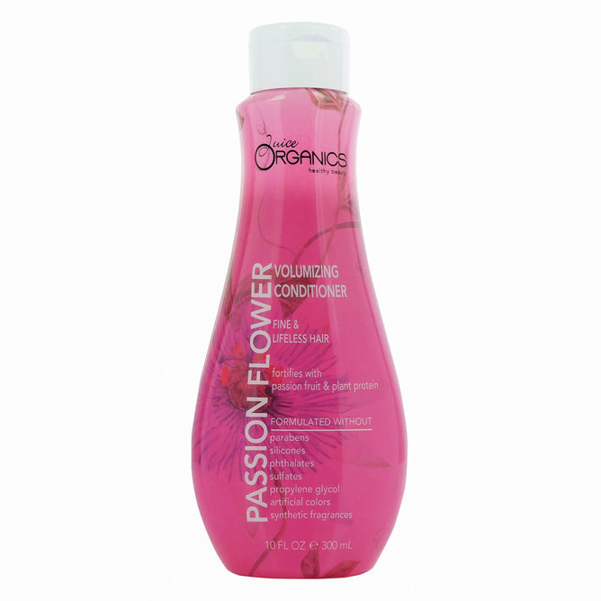 The Juice Organics Passion Flower Volumizing Conditioner by Juice Beauty comes in a pink bottle with a passion flower design, promising thicker, fuller hair for fine, lifeless locks. Its formula is free of parabens and synthetic fragrances.