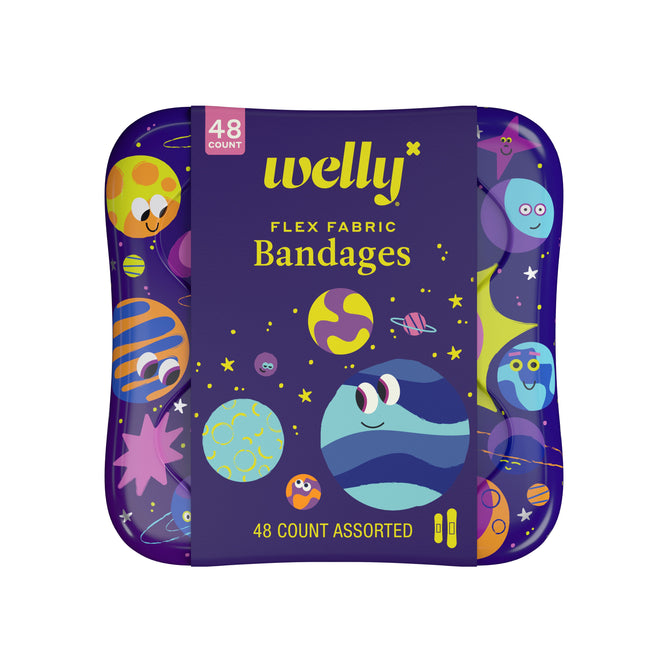 Wellys Assorted Space Adhesive Bandages come in a purple tin decorated with vibrant planets and smiling celestial bodies. This 48-count assortment of latex-free band-aids adds cosmic charm to any first aid kit.