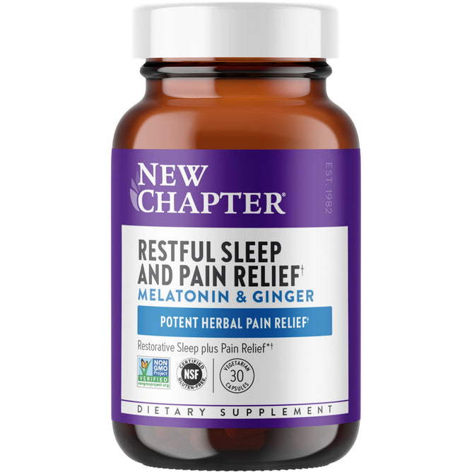 A brown bottle labeled Restful Sleep + Pain by New Chapter highlights melatonin and ginger as key ingredients for sleep and herbal pain relief. Certified non-GMO and NSF, it promises effectiveness.