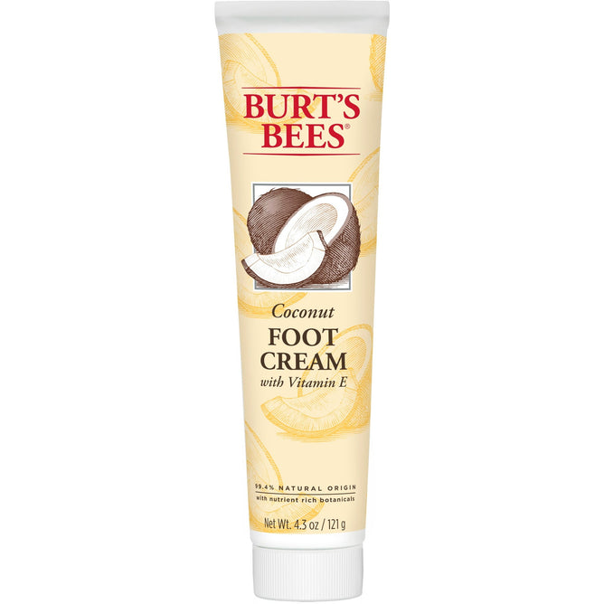 The Coconut Oil Foot Creme by Burts Bees features a cream-colored design with coconut illustrations, highlighting its natural ingredients and nutrient-rich botanicals. Its promoted as a moisturizing foot cream with a net weight of 4.3 oz (121 g).