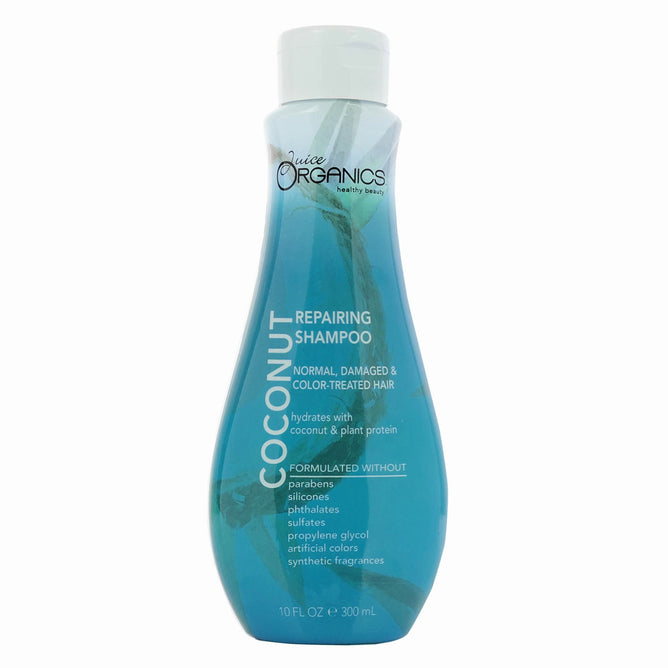 A blue bottle of Juice Beautys Juice Organics Coconut Repairing Shampoo is featured. Enriched with coconut, plant protein, and nourishing argan oil, it hydrates hair while excluding parabens, silicones, phthalates, sulfates, propylene glycol, artificial colors, and synthetic fragrances.