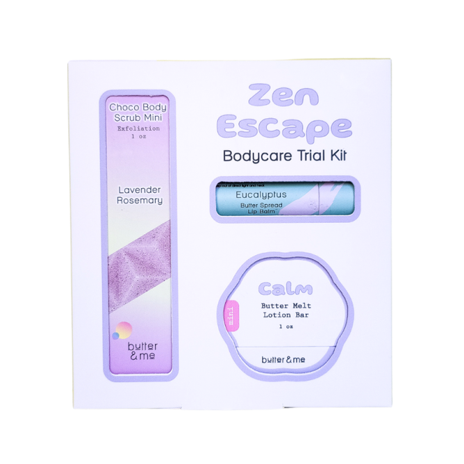 Experience serenity with butter & mes Bodycare Trial Kit, featuring a Choco Body Scrub Mini in Lavender Rosemary, Eucalyptus butter spread, and Calm Butter Melt lotion bar. Packaged in white with pastel purple and teal accents.
